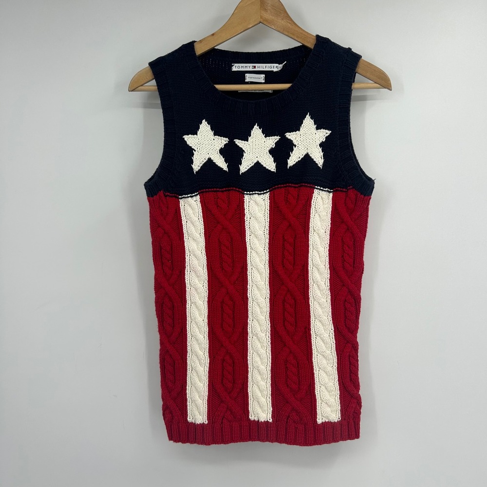 Tommy Hilfiger Handknit Patriotic Stars Stripes Cable Knit Sweater Vest Large